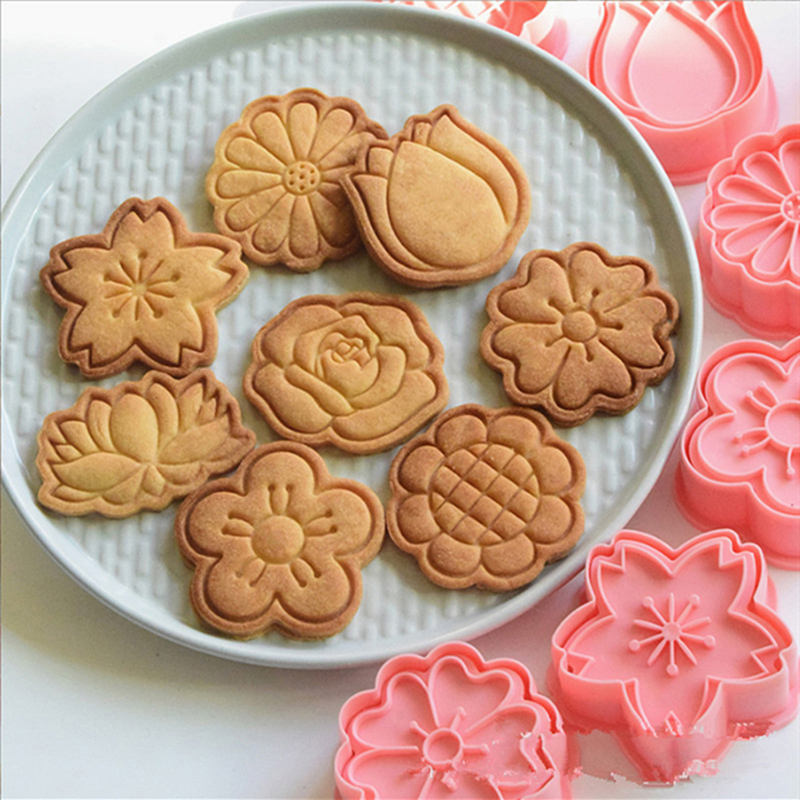 8 Pcs/set Cookie Cutters Plastic 3D Flower Shape Cartoon Pressable Biscuit Mold