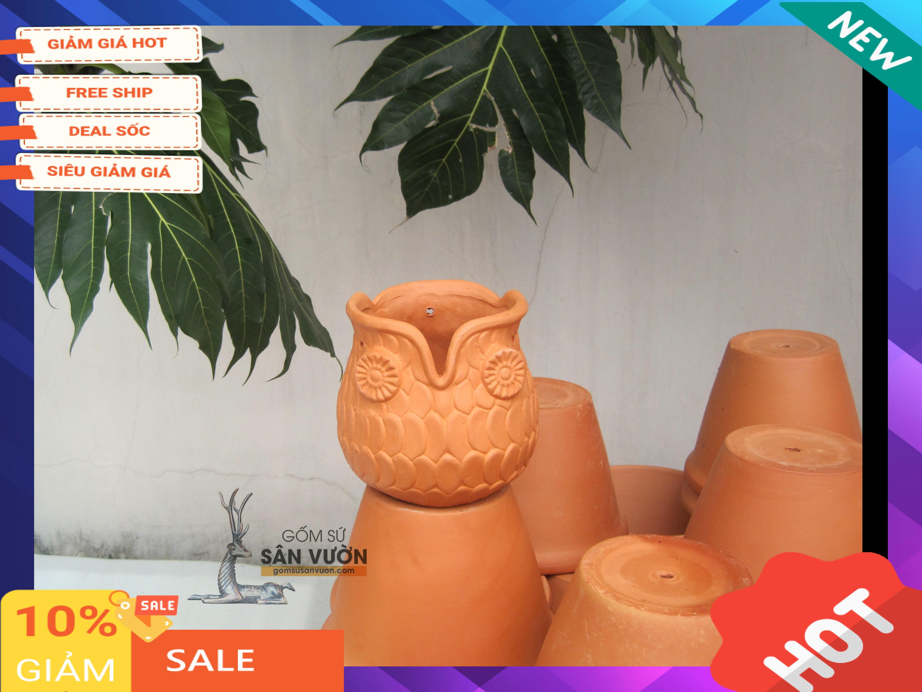 Chậu Treo Gốm Đất Nung Hình Cú - Gốm Sứ Sân Vườn