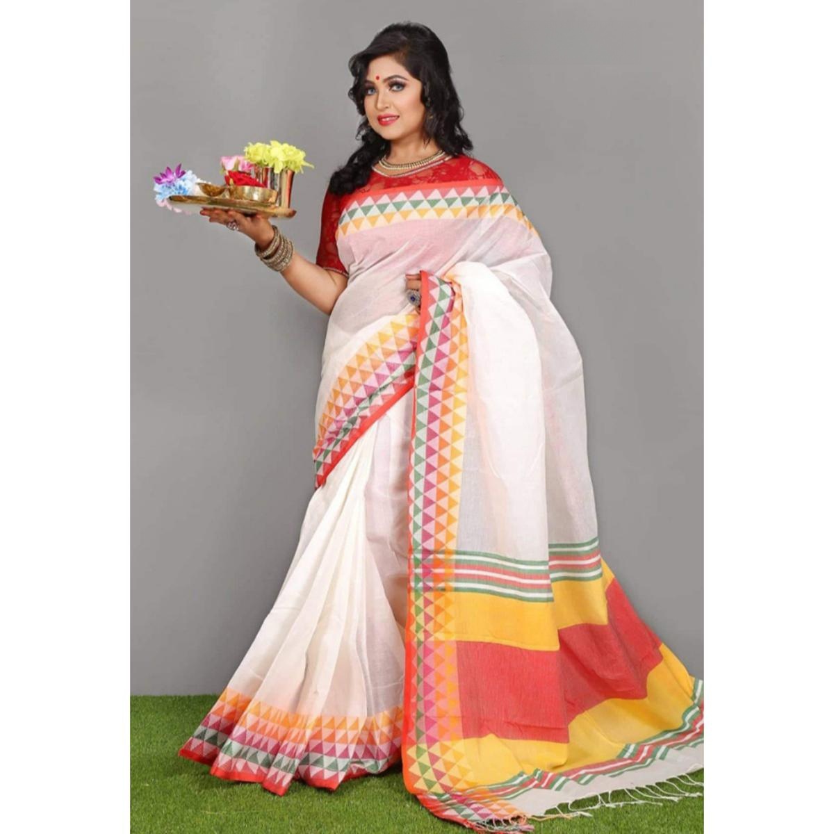 Puja Special White & Red Combnation Color 13.5 Hand Half Silk Saree For Women - Sari