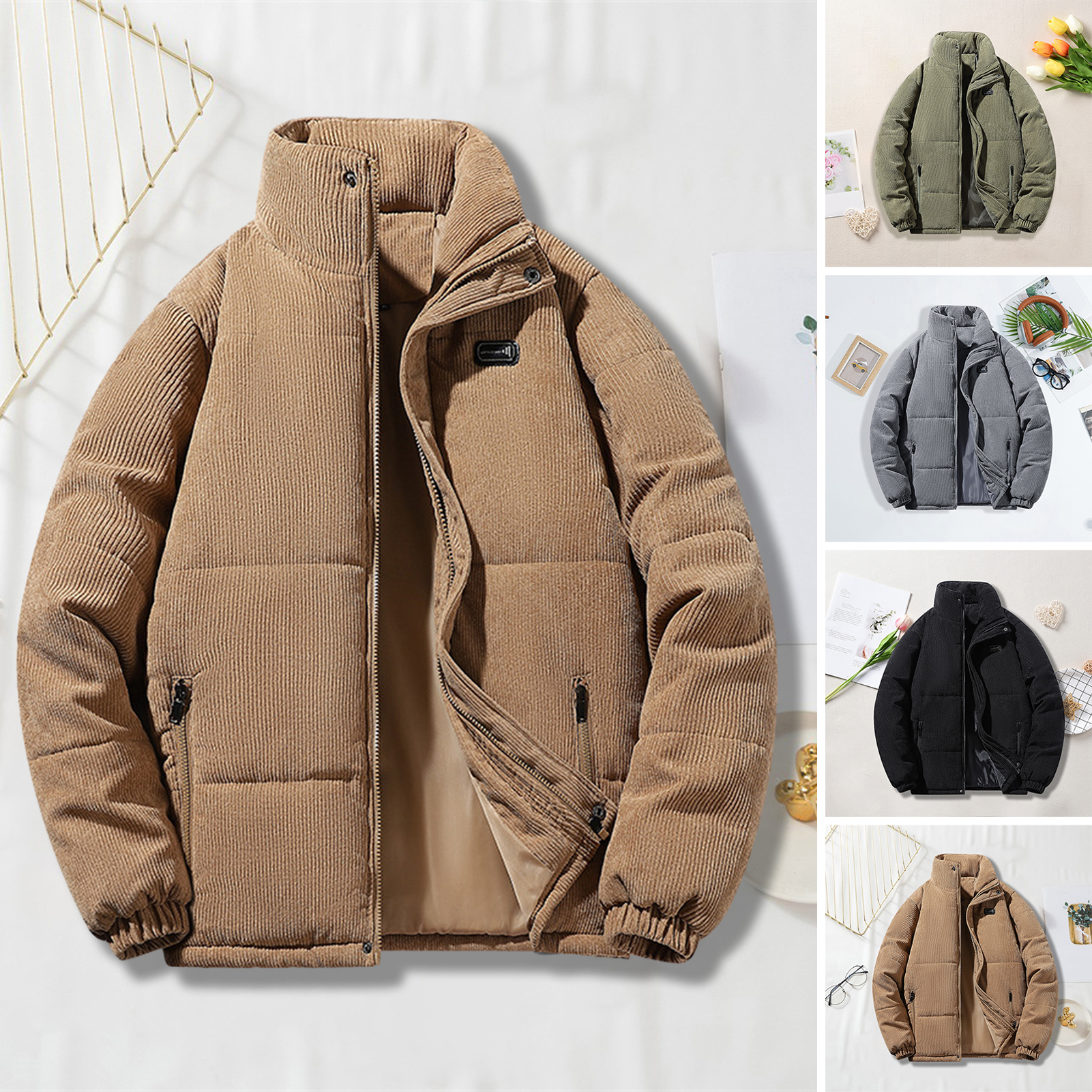 Guyouzi® Men Cotton Coat Polyester Jacket for Men Men's Winter Cotton Coat Warm Windproof Padded Jacket with Zipper Closure