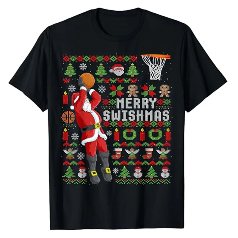 Merry Swishmas Ugly Christmas Basketball Christmas T-Shirt Xmas Costume Gifts Cool Santa Claus Basketball Outfit Graphic Tee Top