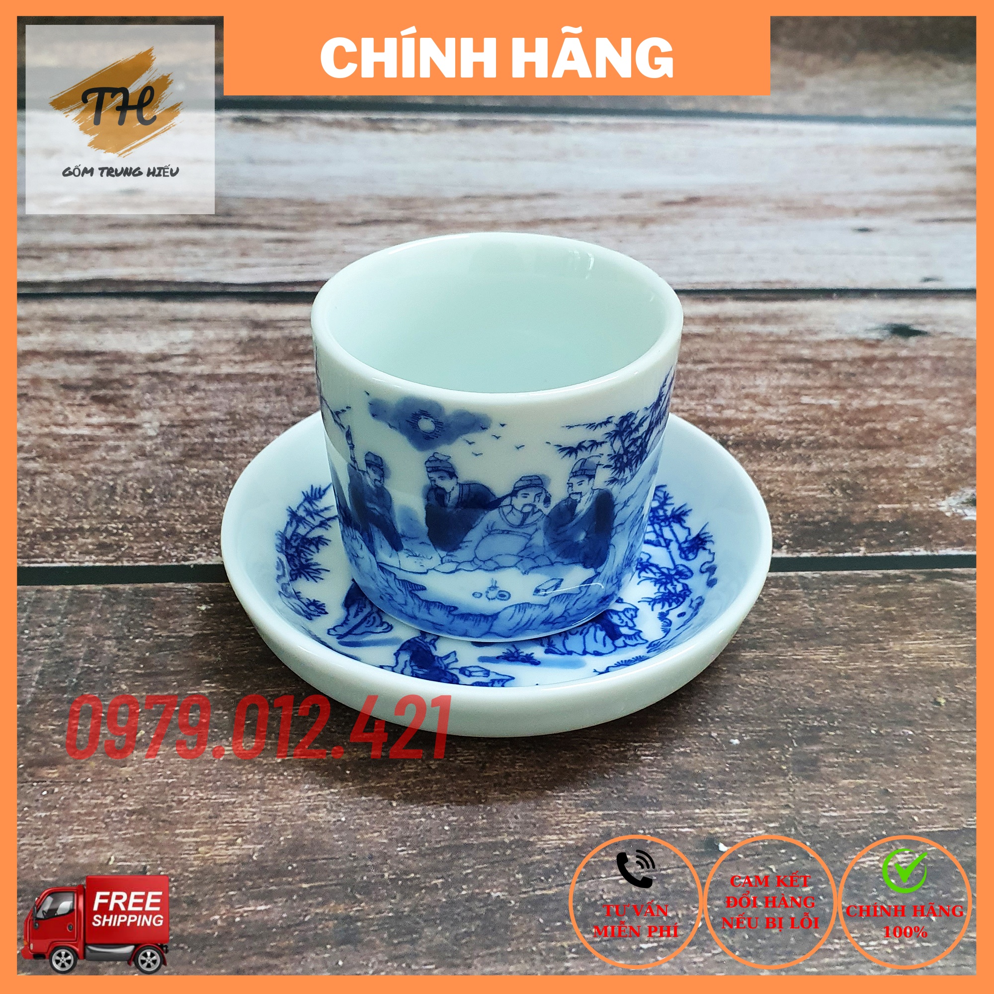 Bộ chén đĩa lẻ uống trà xanh men lam Bát Tràng cao cấp tích trúc lâm thất hiền