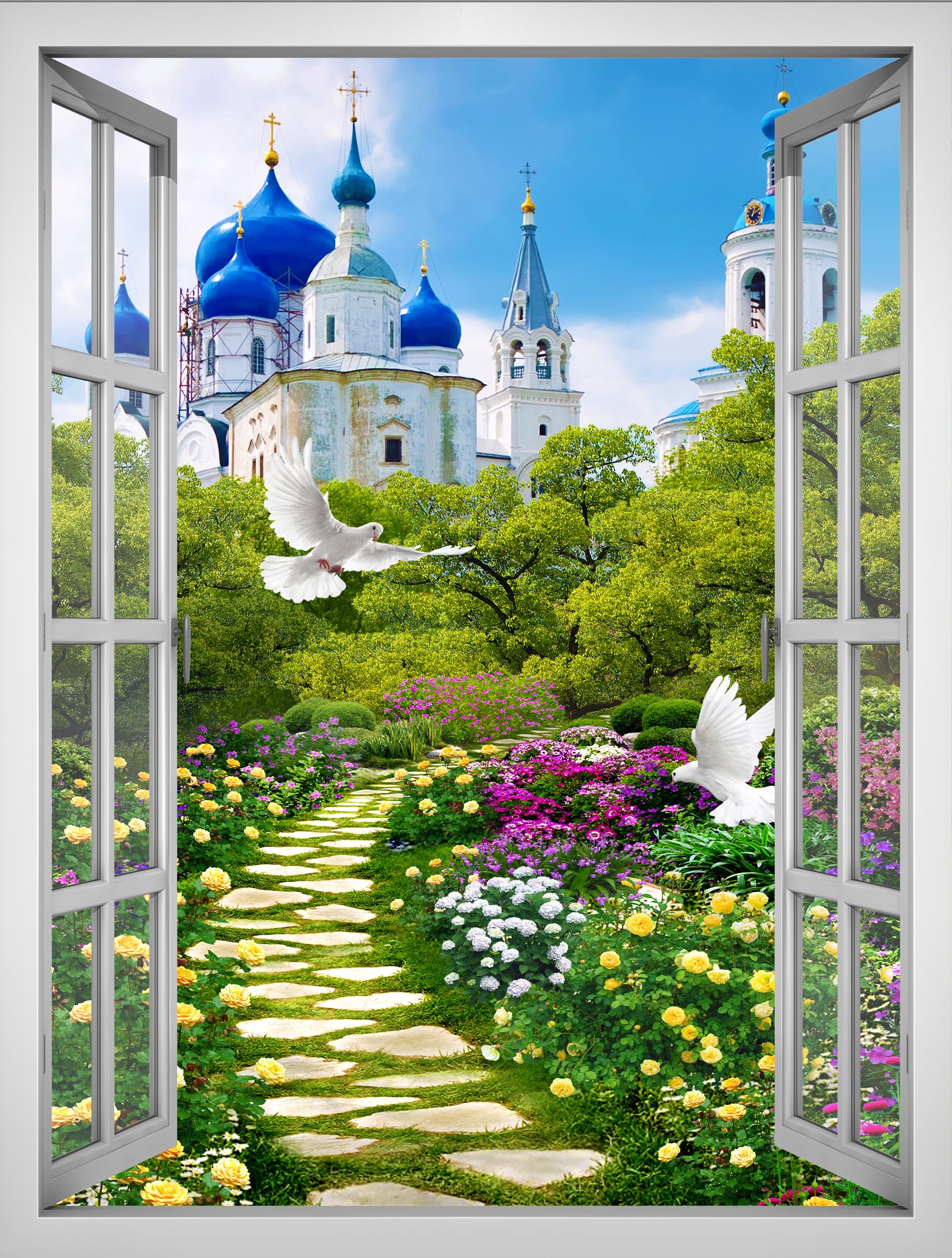 Tranh dán tường cửa sổ khổ dọc VTC Cảnh đẹp lâu đài VT0393-D Kim sa