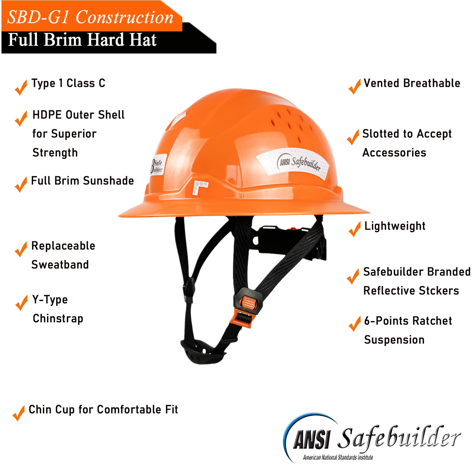 New Full Brim Hard Hat For Engineer Sunshield Construction Work Cap ANSI  Approved HDPE Safety Helmet With 6 Point Adjustable