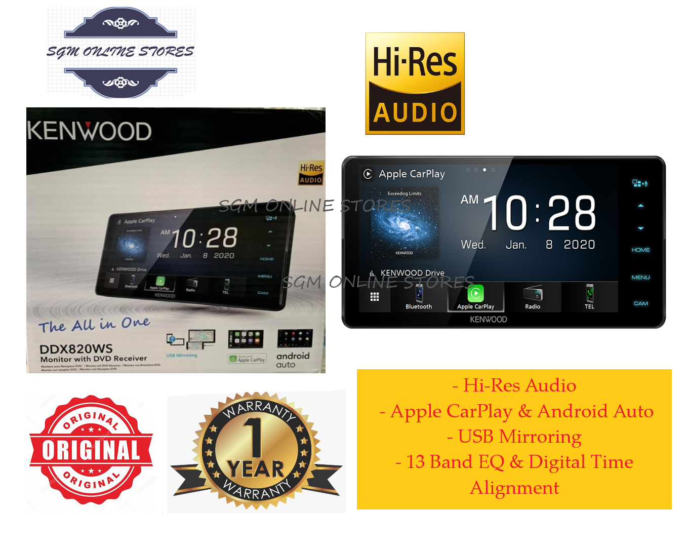 Kenwood DDX820WS 7inch WVGA Display with HiRes Audio / Apple CarPlay