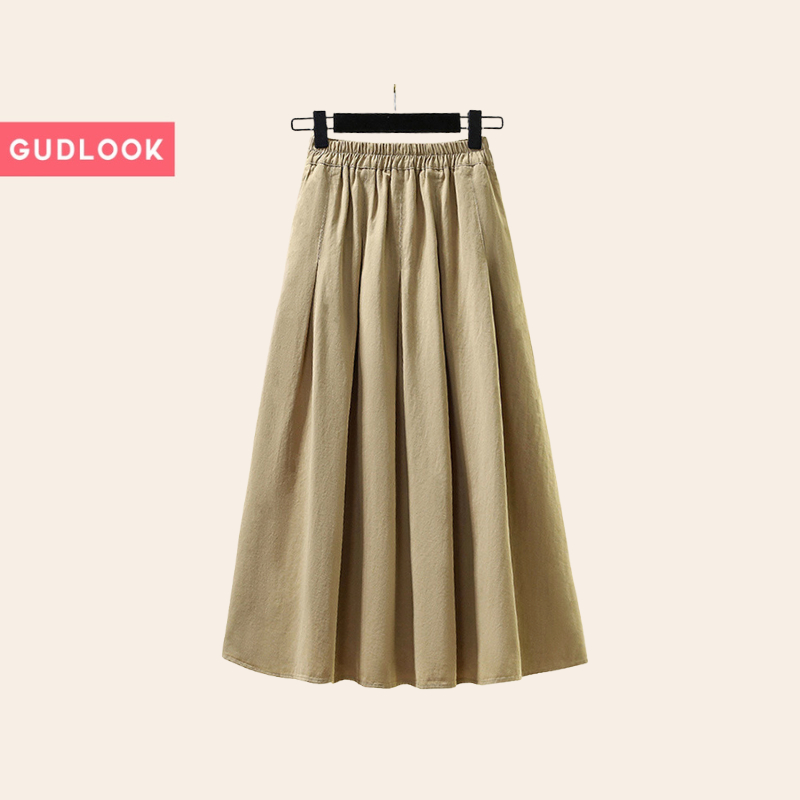 Chân Váy Dài basic Chữ A GUDLOOK Midi Trơn Basic 3 Màu Xếp Ly nhẹ