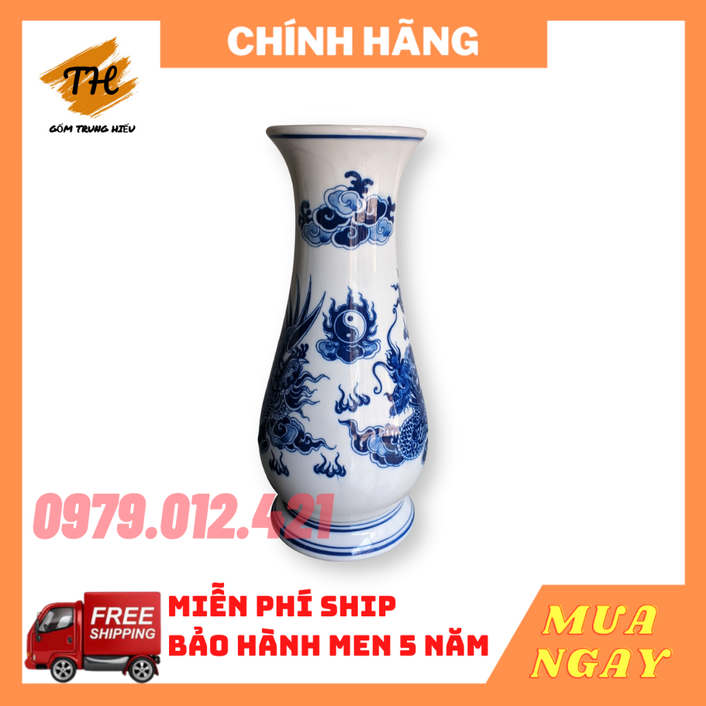 Bình hoa thờ bình cắm hoa men lam Bát Tràng rồng phượng cao cấp