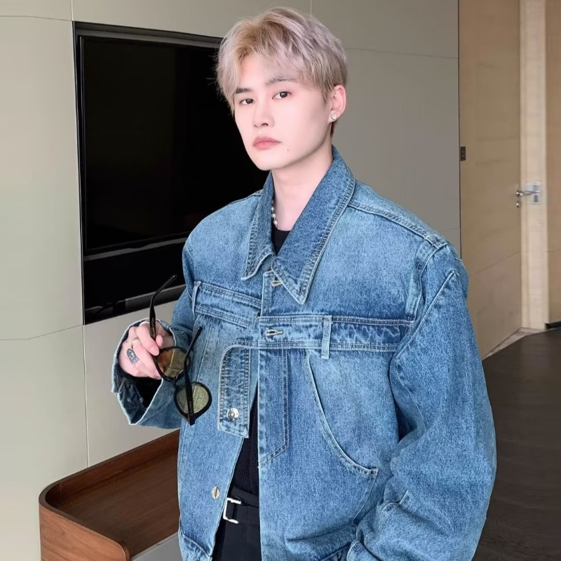 Hanlu Men's fashionable denim jacket lapel jacket handsome motorcycle jacket