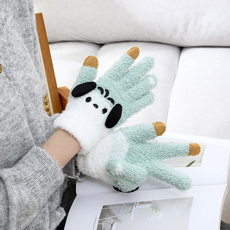 Cute Sanrio Kuromi Melody Gloves Plush Coral Winter Warm Gloves Pochacco Cute Gloves Student Cycling Five-finger Gloves Bayline.