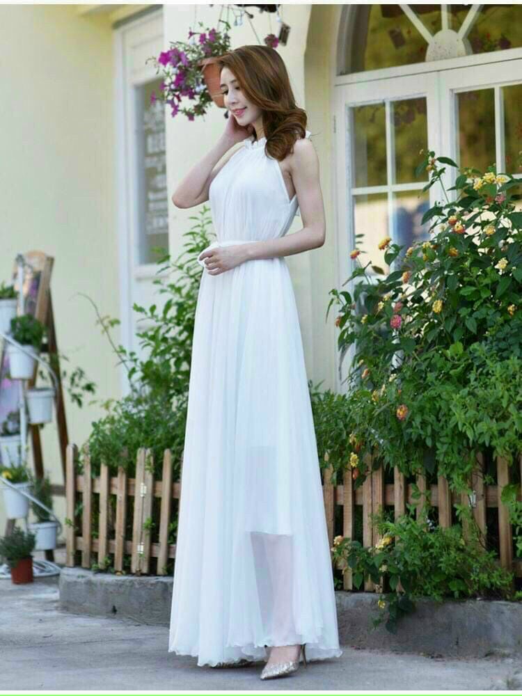 Đầm maxi dài cổ xếp ly sang trọng