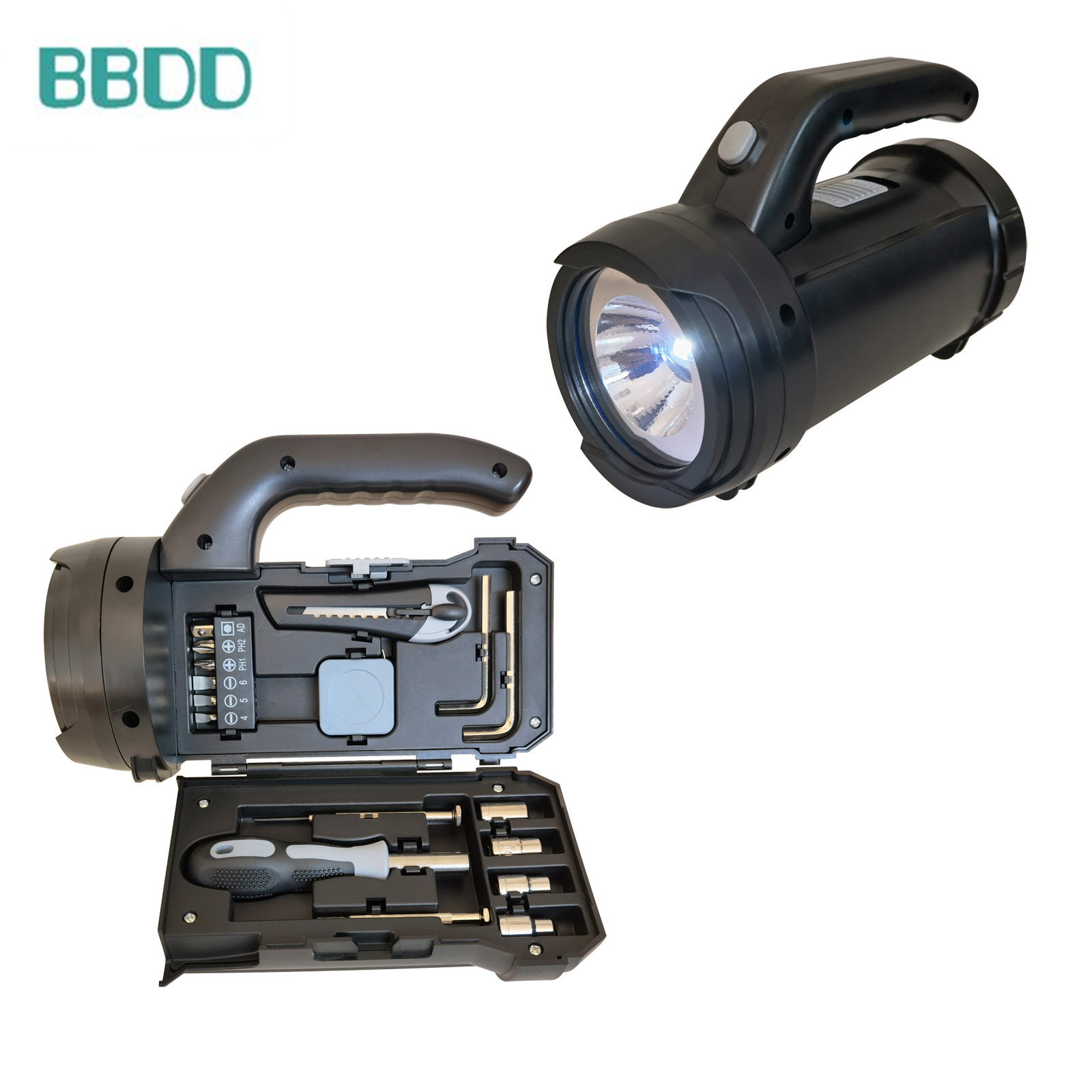 Outdoor home work lighting with flashlight tool set, hand-held lamp hardware tool set