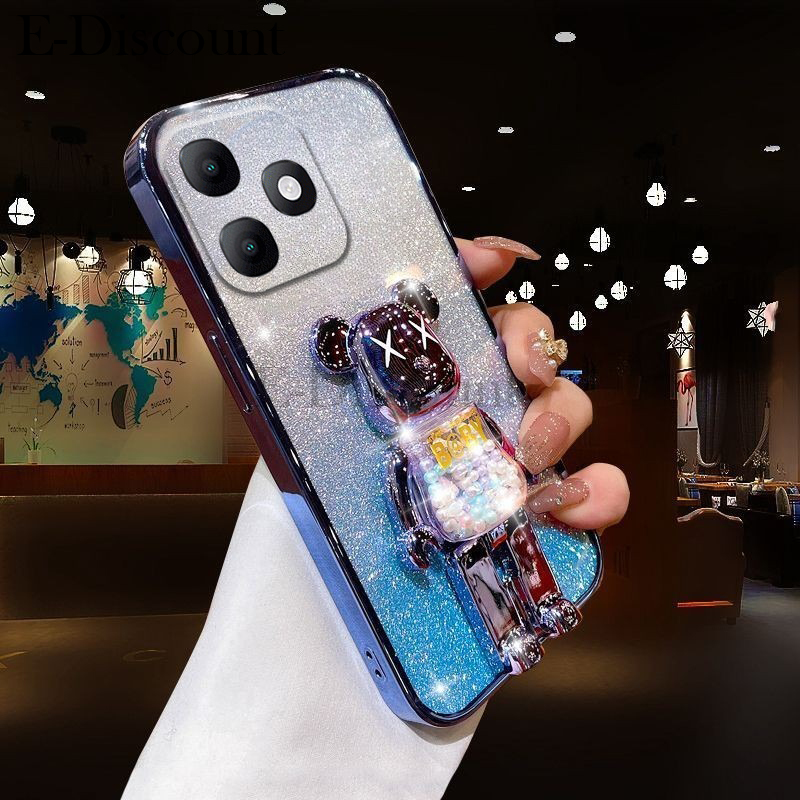 New Phone case itel A90 Back cover with Cartoon 3D Bear Stand Luxury Slim Gradient Plating Glitter Girls Stylish For itel A90 case.