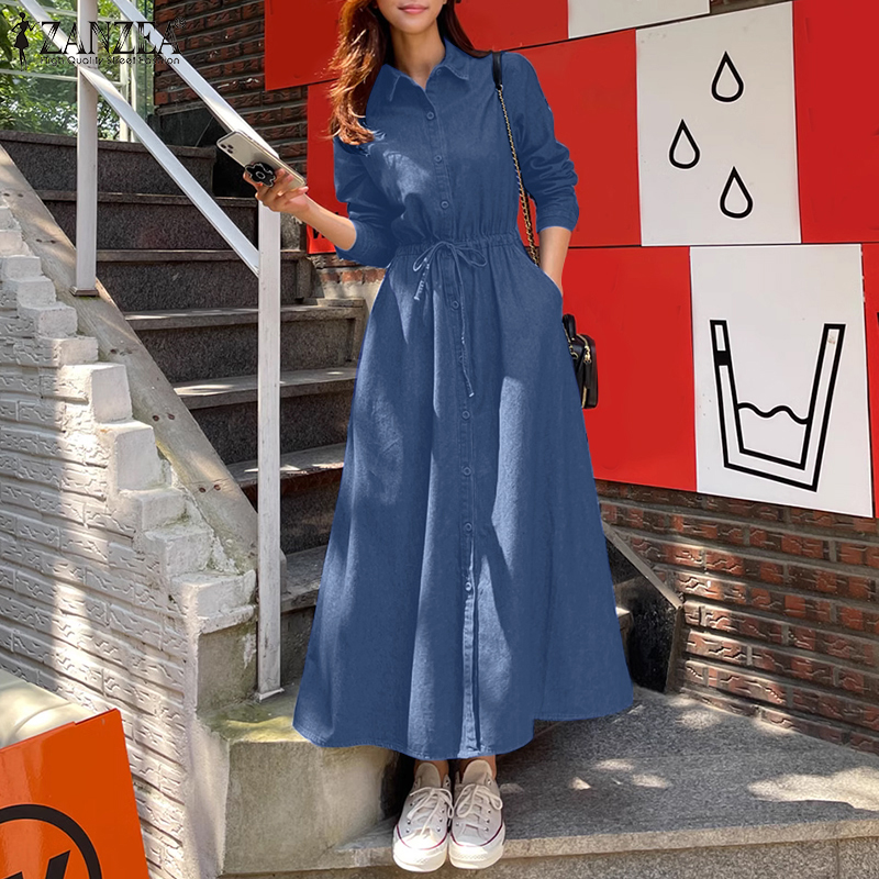 ZANZEA%20Korean%20Style%20Women%20Girlish%20Streetwear%20Lapel%20A-Line%20Long%20Dresses%20Full%20Sleeve%20Drawstring%20Solid%20Dress%20-%20Image%203
