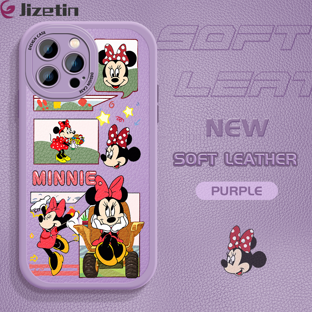 Jizetin Casing For iPhone 15 15 Pro 15 Plus 15 Pro Max Slim Skin Feeling Cartoony Minie Mouse Leather Back Casing Soft Silicone PU Leather Cover Phone Case