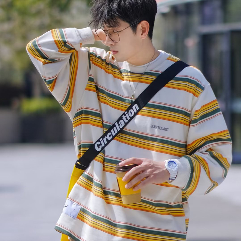 MOLAN Áo sweater nam áo chui đầu cổ tròn của nam áo sọc trùm đầu sọc Retro Áo thun mỏng