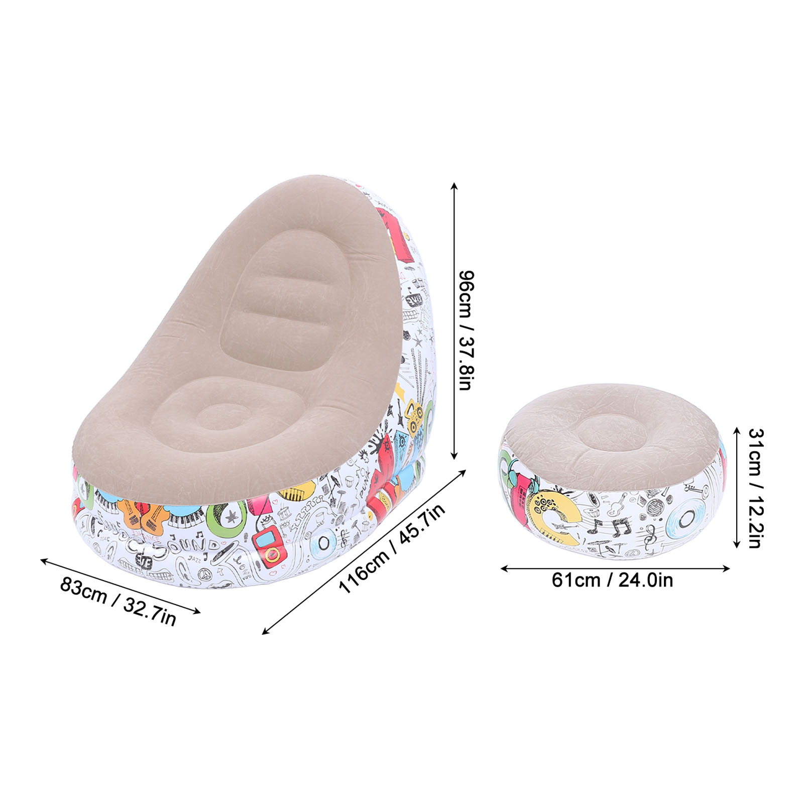 Air Couch Sofa Flocking Inflatable Lounge Chair with Foot Stool for Living Room. 