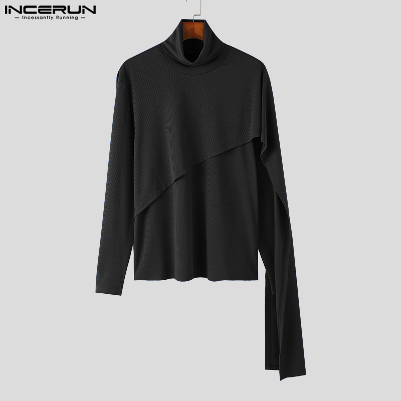 INCERUN Mens Long Sleeve Elasticity Plain Knitted Simple High Neck Shawl Patchwork Sweater Tops