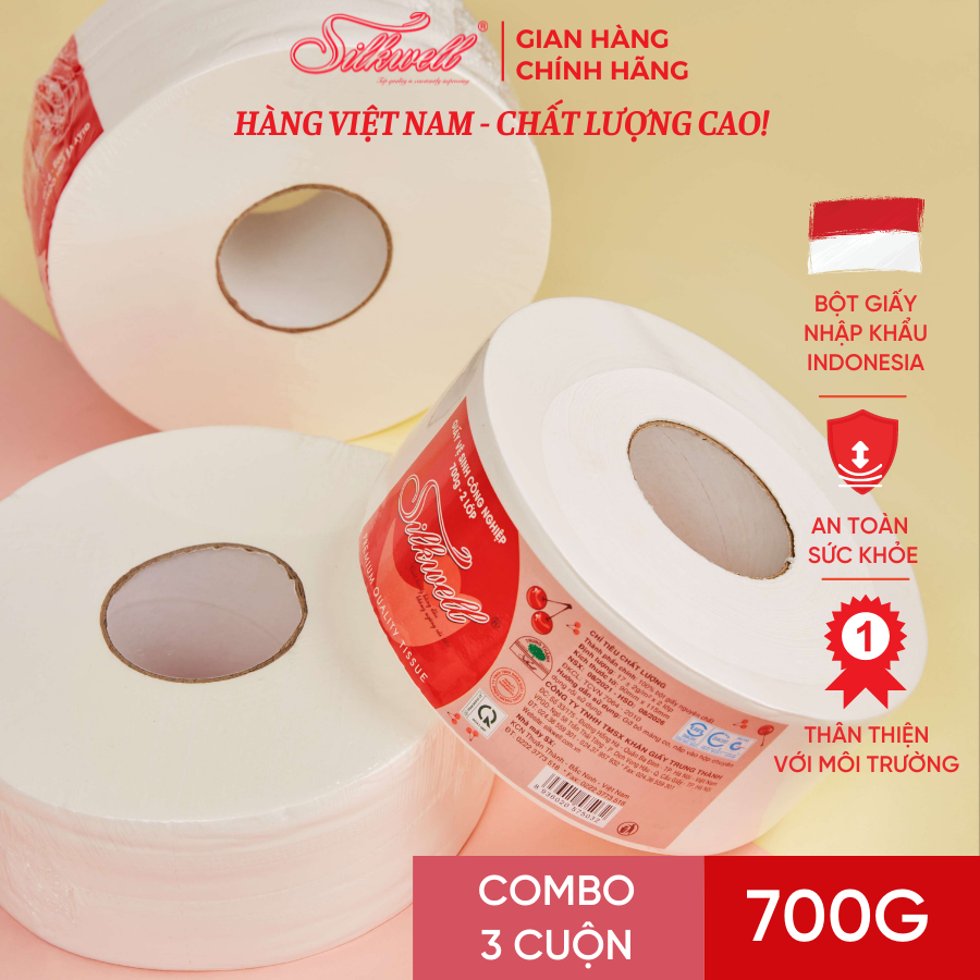 Combo 3 cuộn Giấy vệ sinh cuộn lớn, giấy vệ sinh công nghiệp Silkwell 700g 2 lớp có lõi siêu tiết kiệm
