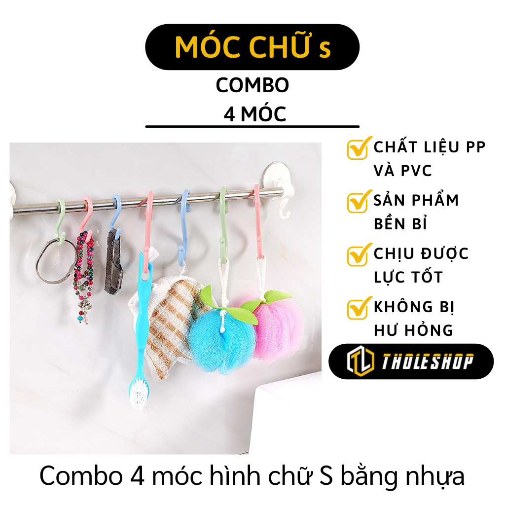 Móc treo đồ đa năng - Combo 4 móc hình chữ S bằng nhựa chắc chắn - Móc treo đồ tiện lợi cho đồ đạc gọn gàng