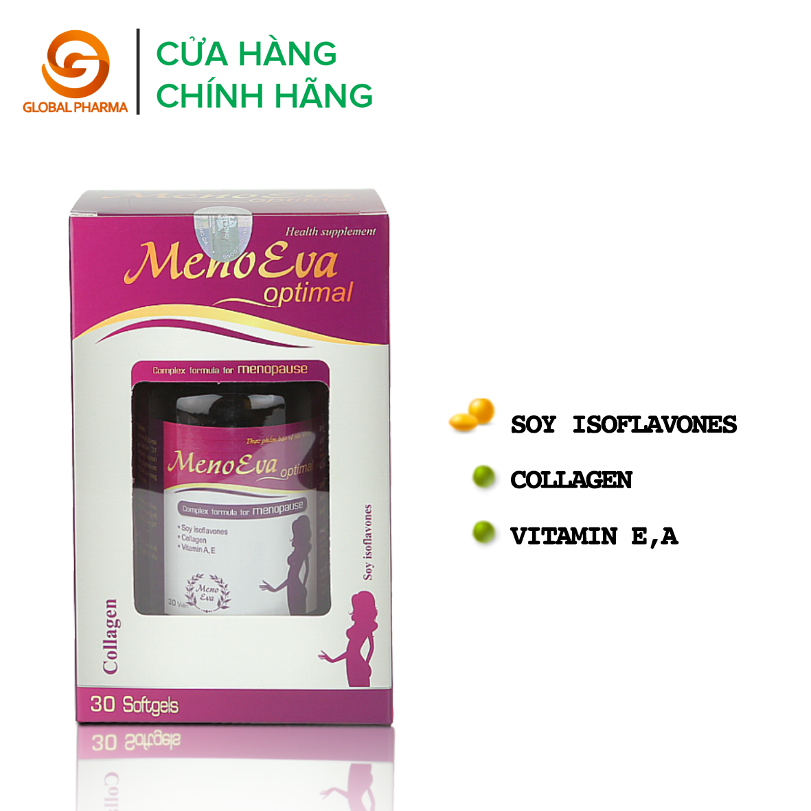 MENOEVA OPTIMAL - Viên uống Mầm đậu nành tăng cường nội tiết tố nữ, chống oxy hóa, hạn chế lão hóa và các triệu chứng ở phụ nữ tiền mãn kinh như rối loạn kinh nguyệt, da khô, nám da, sạm da, bốc hỏa, lo âu GLOBAL PHARMA