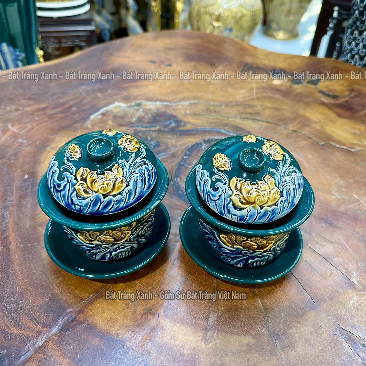 Bát sâm men xanh lục bảo đắp nổi, bát sâm thờ cúng, gốm sứ bát tràng xanh, gốm sứ bát tràng việt nam