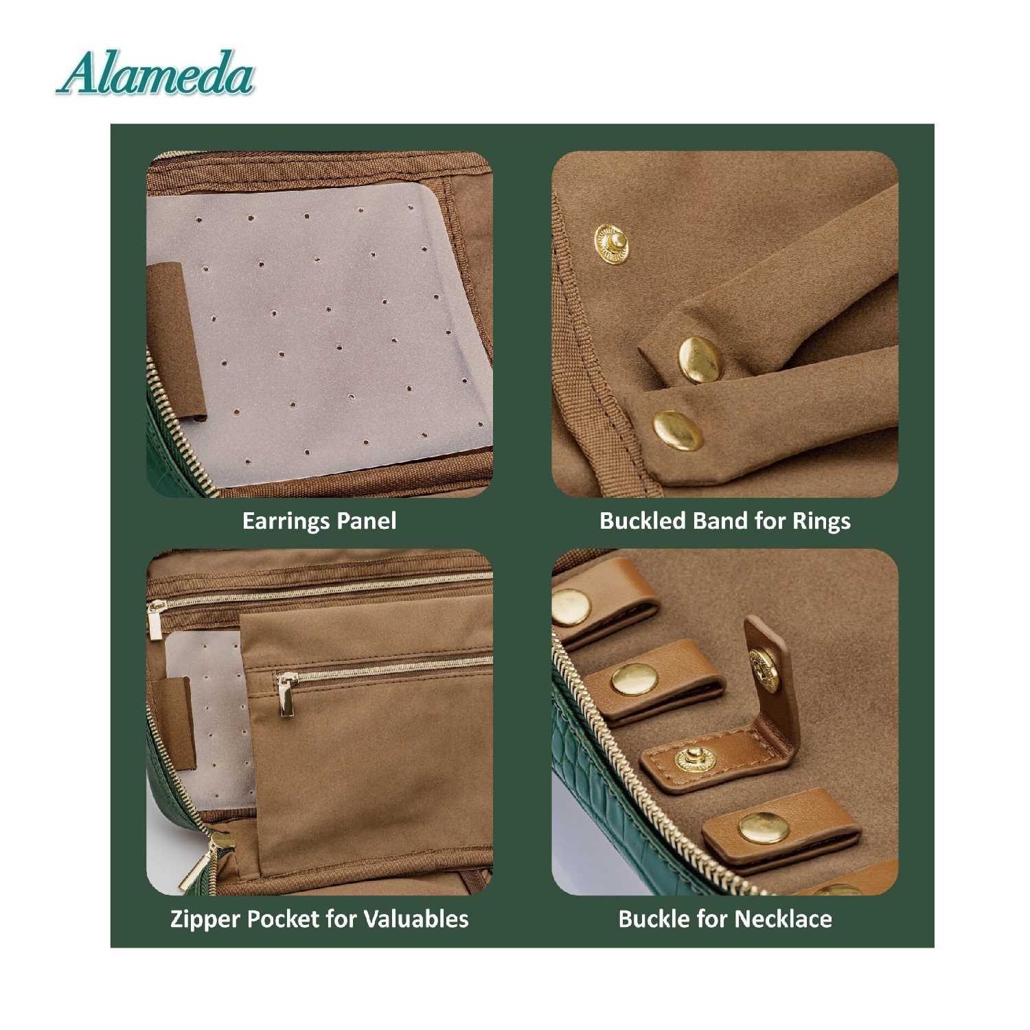Alameda Travel Jewelry Organizer Case Crocodile Grain Leather Jewelry  Storage Bag for Earrings, Necklace, Bracelet, Rings, Green