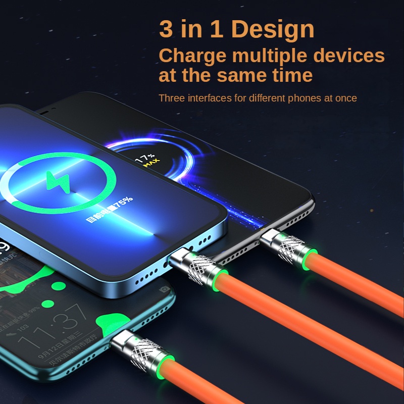 Dây Cáp Sạc Nhanh 6A 120W 3 Trong 1 Cho IPhone Micro Usb Type C