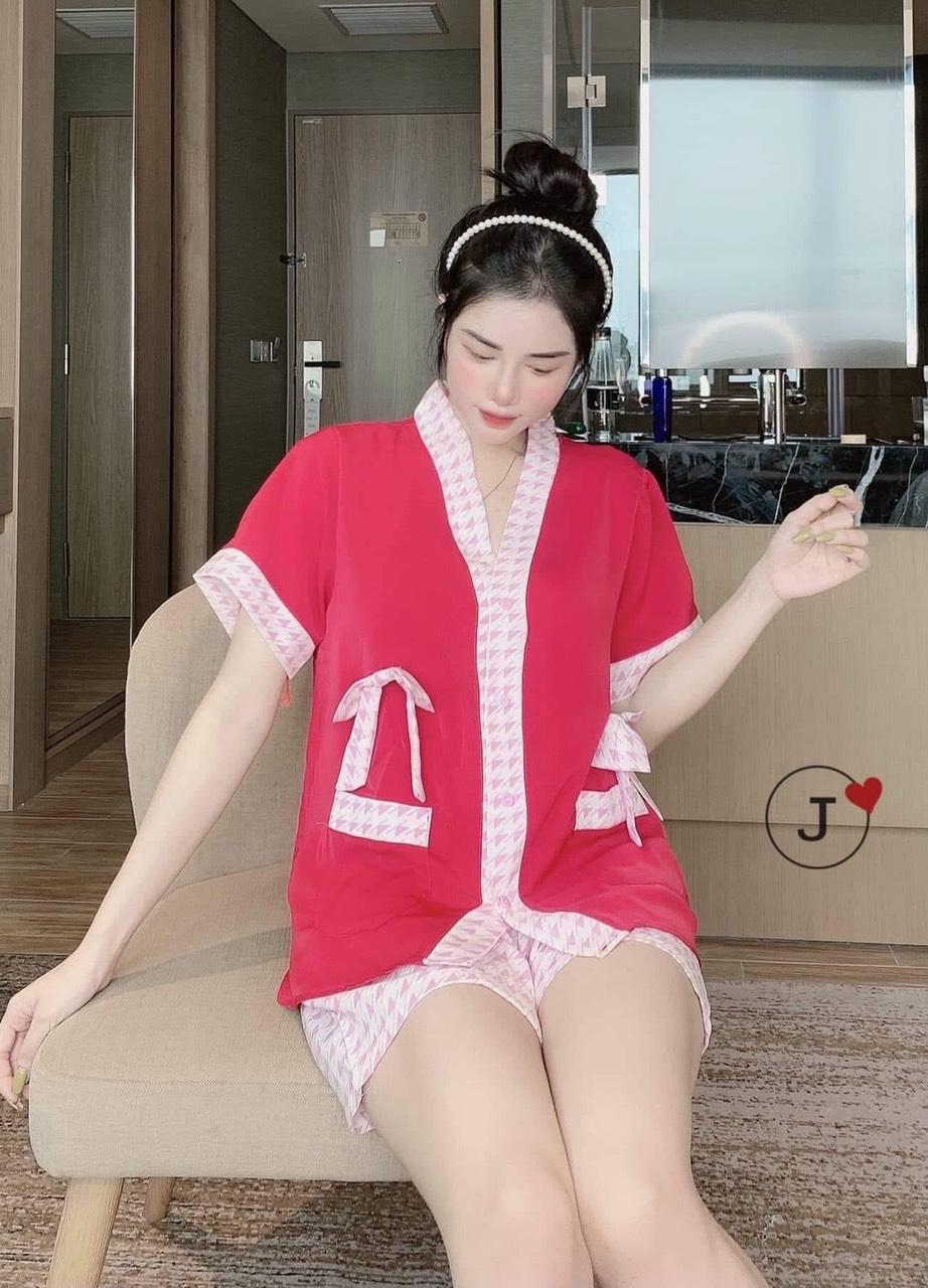 Đồ Bộ Pijama Nữ Tiểu Thư Kimono Tay Cộc Quần Đùi Họa Tiết Phối Nơ , Bộ Đồ Ngủ Cho Nữ Tay Ngắn ,Bộ Đồ Nữ Đẹp Giá Rẻ ,Bộ Đồ Mặc Nhà Cho Nữ Chất Kate Lụa Cho Nữ Dưới 58kg