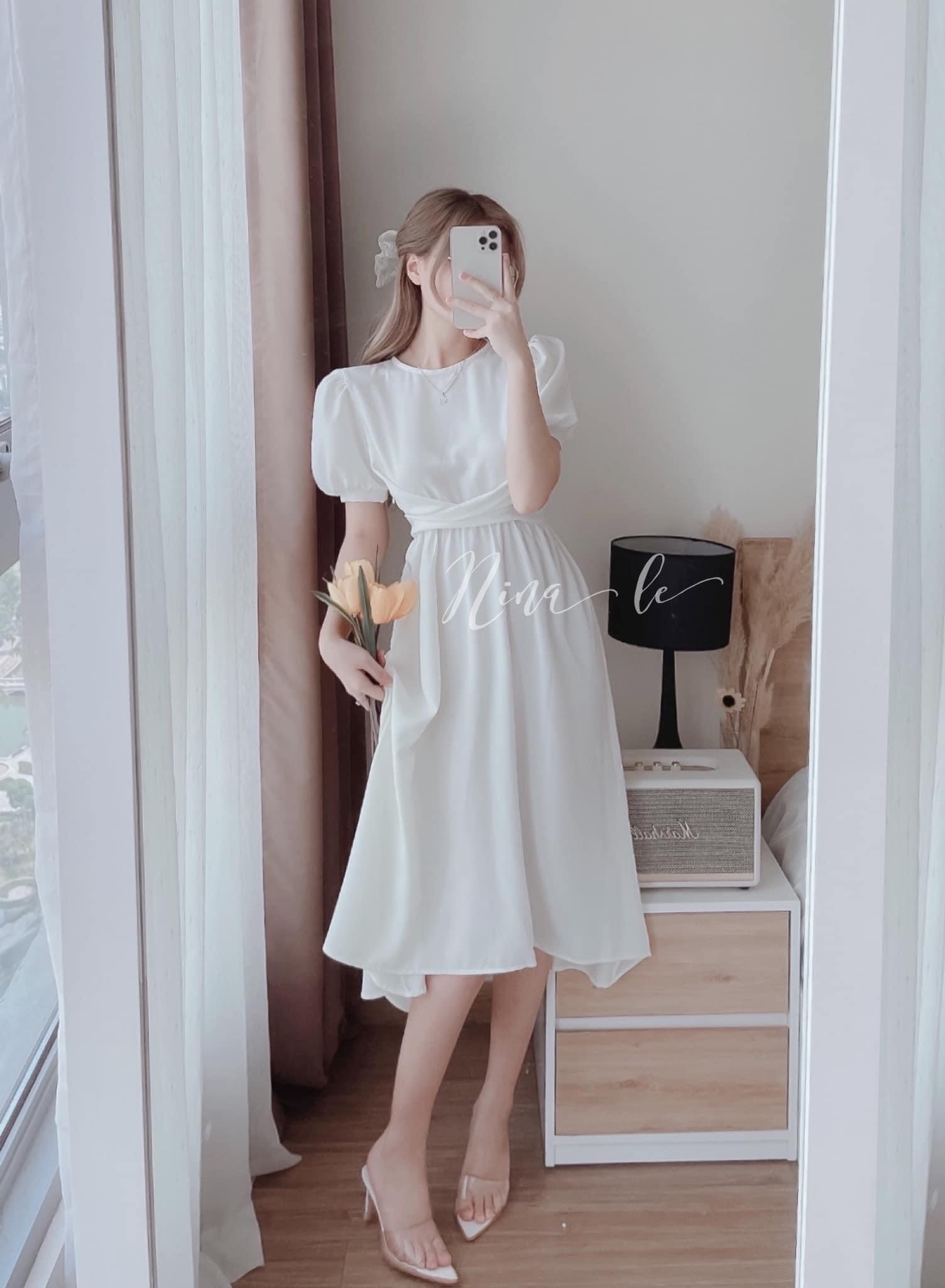 Đầm Nữ Tay Phồng Xoè Tiểu Thư Nhúng Eo