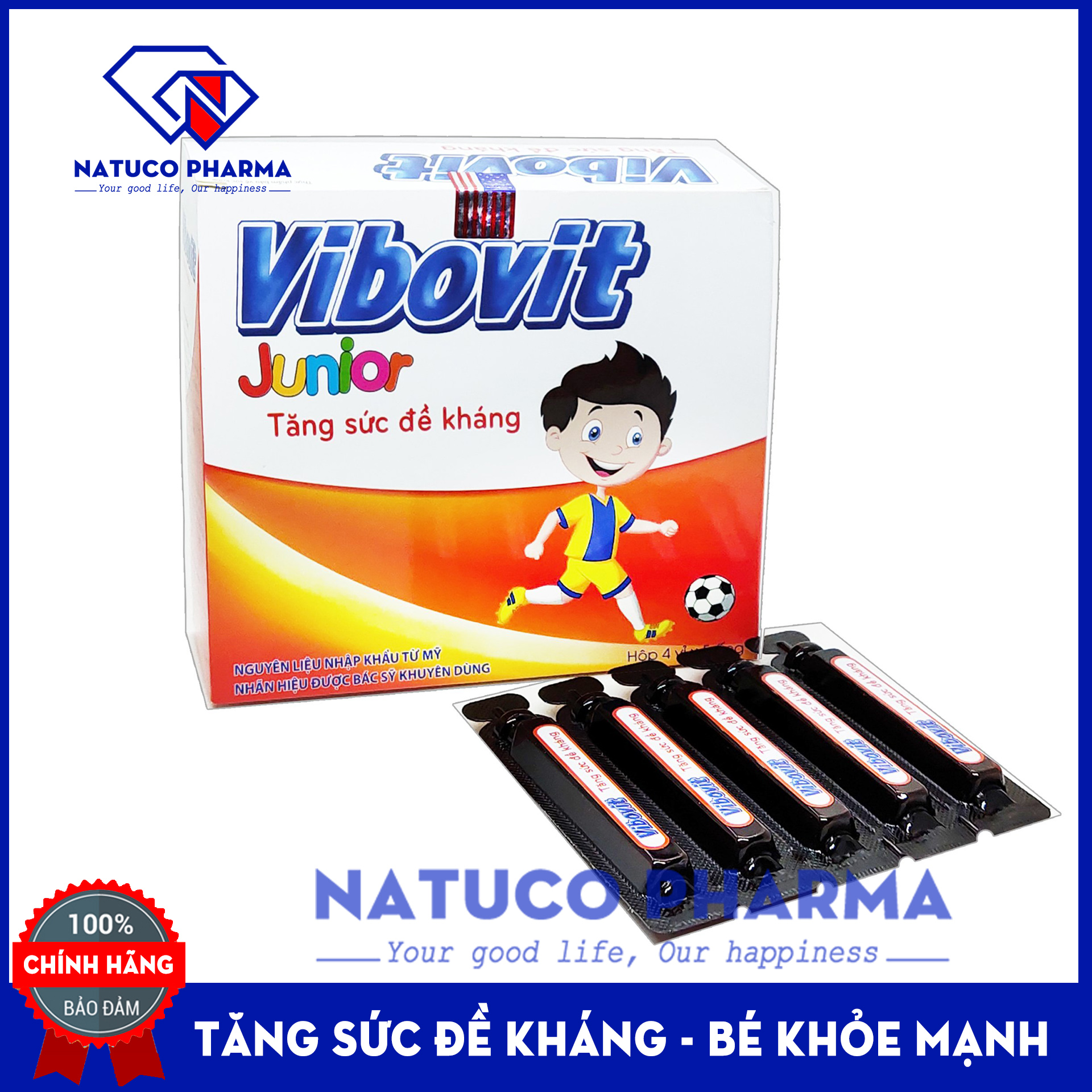 SIRO tăng đề kháng cho bé Vibovit - Bổ sung Thymomodulin, Taurin, kẽm, vitamin - tăng cường sức đề kháng - giảm nguy cơ mắc bệnh hô hấp, mũi, họng cho bé - Hộp 20 ống 10ml - Chuẩn GMP Bộ y tế