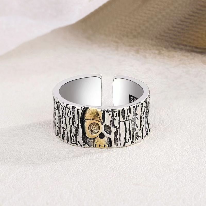 【Hottest Trends】Vintage Gold Skull Ring Men's Personalized Hip-Hop Single Ring Thai Silver Tree Pattern Open Alloy Ring. 