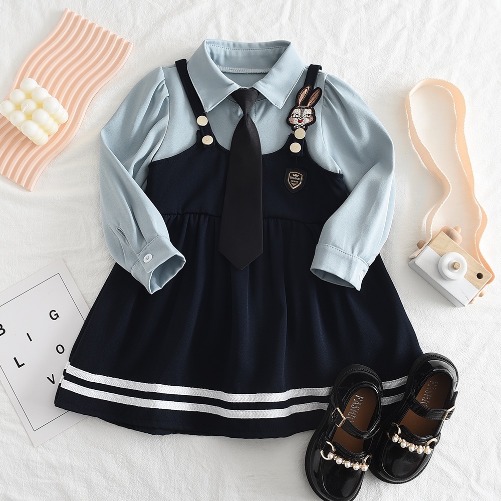 Bear Leader Girls' Dress 2023 Spring Autumn Children's College Style Fake Two Piece Princess Dress 2-7 Years Old