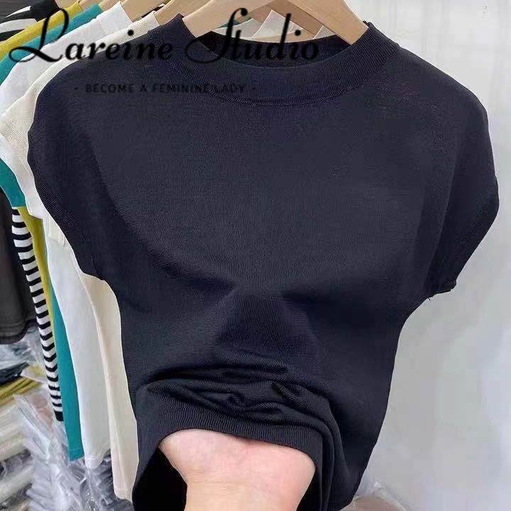 (S-4XL) LAREINE Women's T-shirt Fashion Solid Short Sleeve Ice Silk Top Round Neck Women's Knit T-Shirt Top