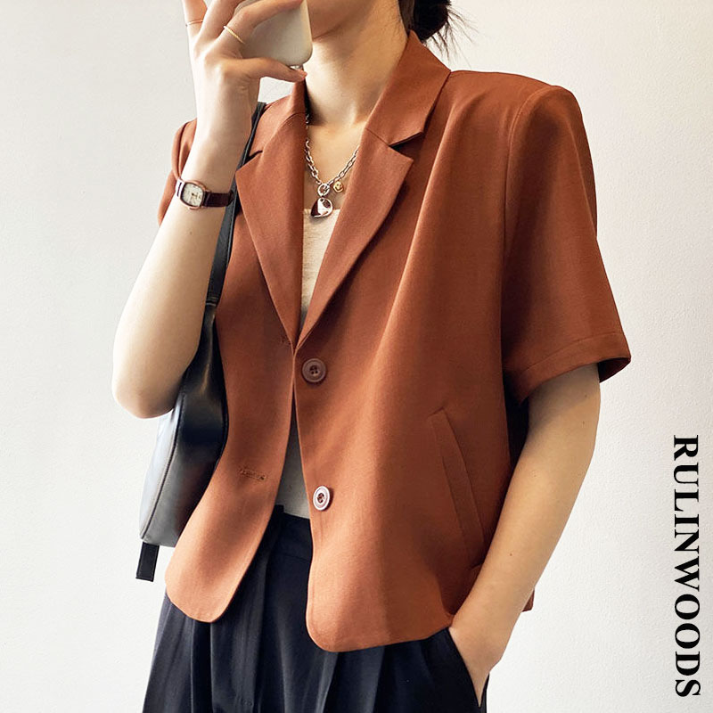 RULINWOODS 4 màu Blazer hàn quốc bộ đồ ngắn tay cho phụ nữ quần áo mỏng thumbnail