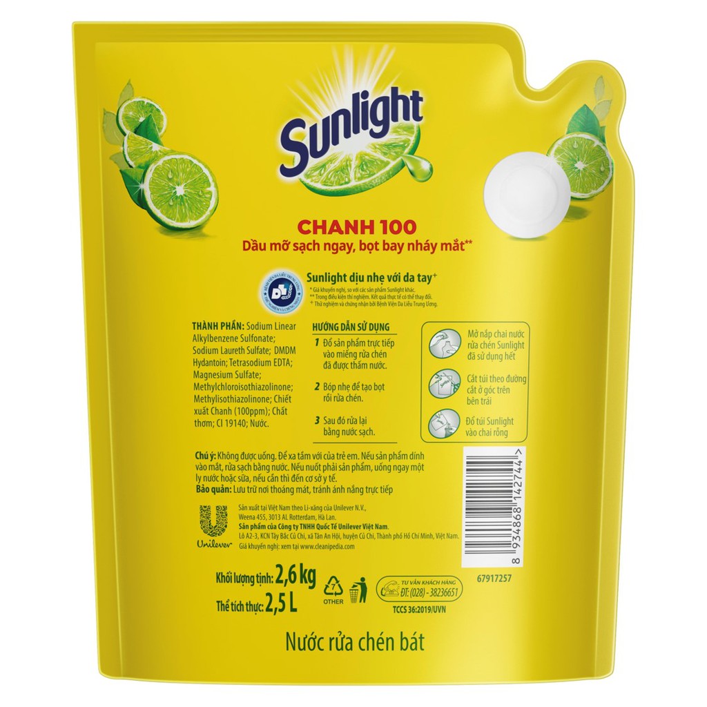 Nước Rửa Chén Bát Sunlight Chanh Vàng 100 - Túi 2.6KG
