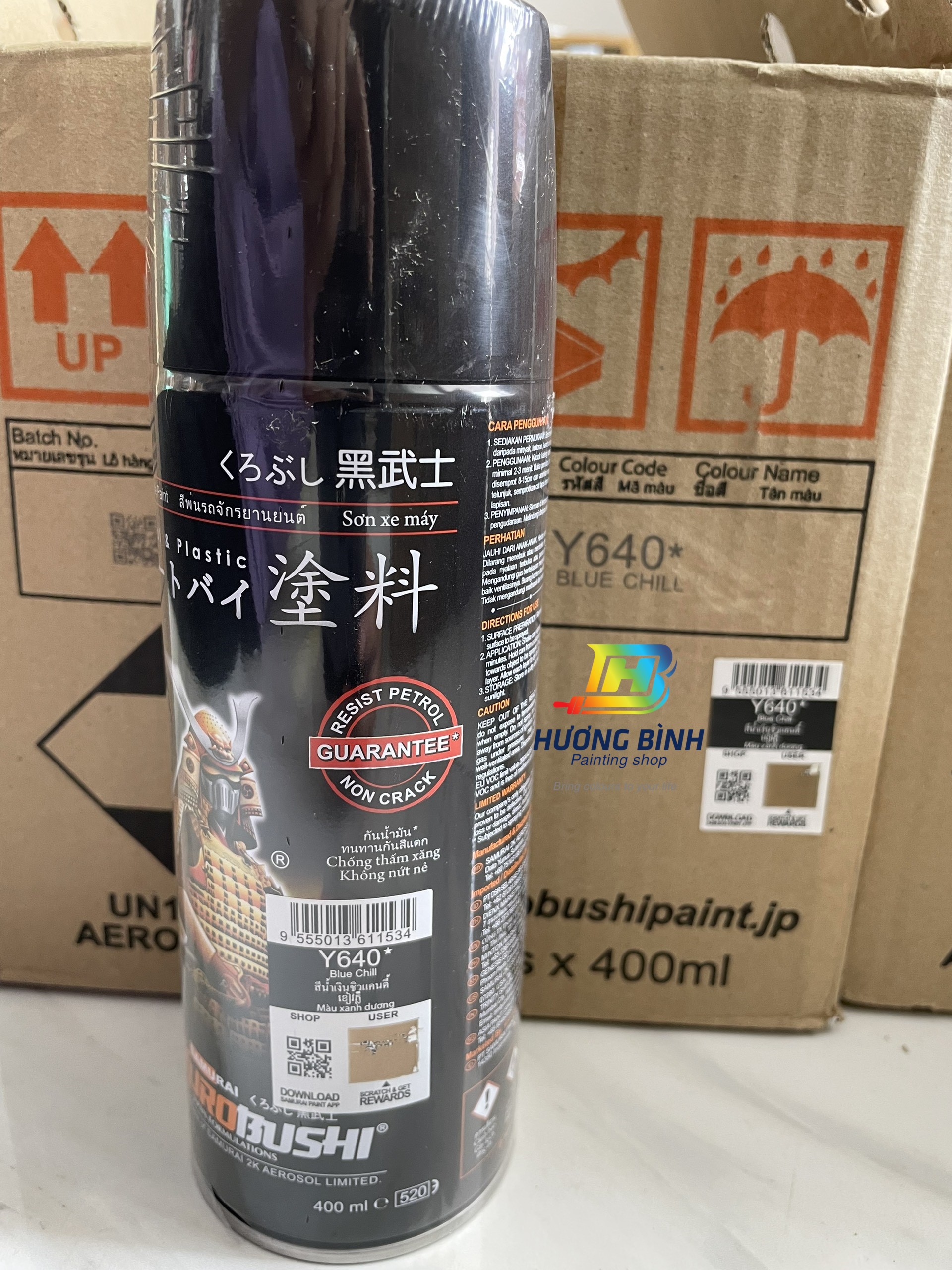 Sơn xịt Samurai màu Xanh Dương - Y640 (cần sơn trên nền màu Bạc) (400ml)
