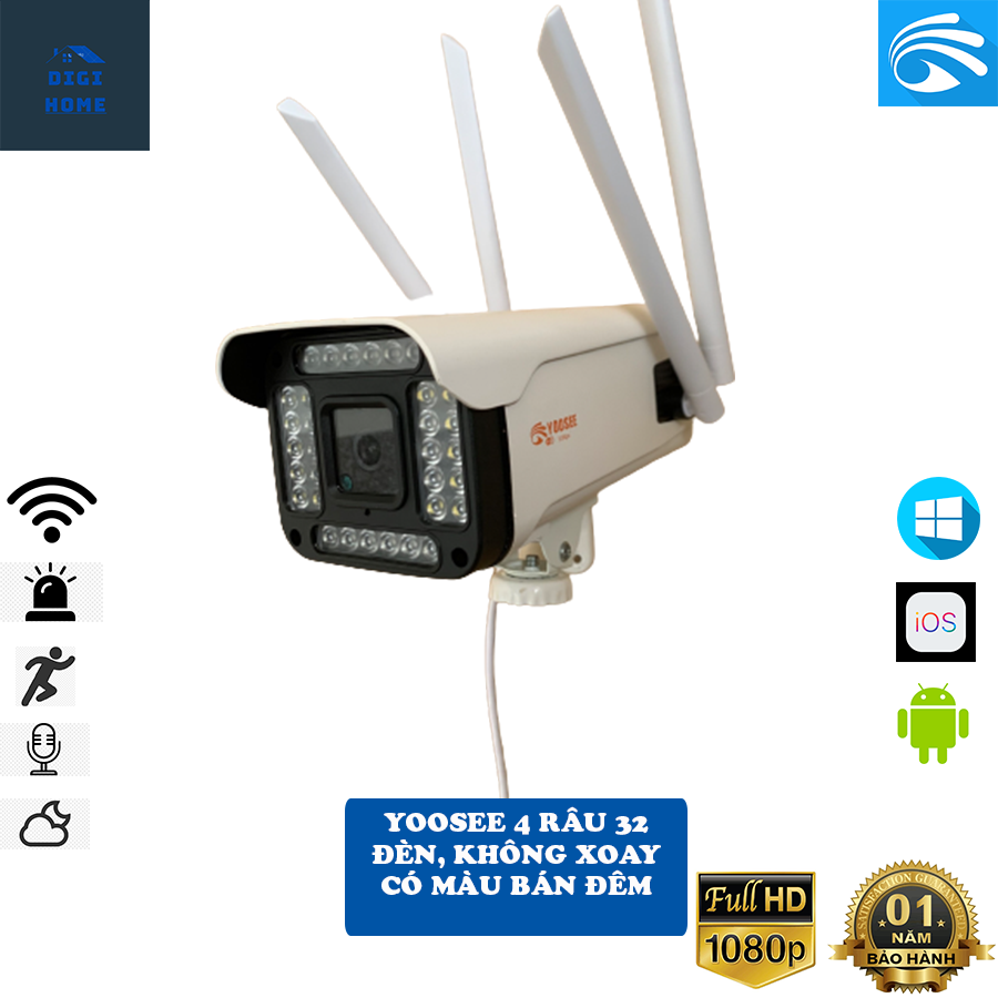 CAMERA “YOOSEE” WIFI 4 RÂU 32 LED 5.0 mpx. KHÔNG XOAY. CÓ MÀU BAN ĐÊM - CHỐNG NƯỚC, ĐÀM THOẠI 2 CHIỀU, CẢNH BÁO CHỐNG TRỘM - BẢO HÀNH 12 THÁNG CẢ THẺ NHỚ