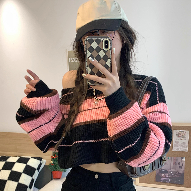 Women Striped Jumper Vintage Female Autumn Long Sleeve Casual Cropped Sweater. 