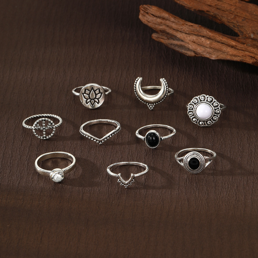 Enacolor%209Pcs/Set%20Retro%20Silver%20Black%20Crystal%20Lotus%20Moon%20Ring%20Set%20for%20Women,%20Ethnic%20Joint%20Rings%20Fashion%20Jewelry%20Accessories%20-%20Image%203