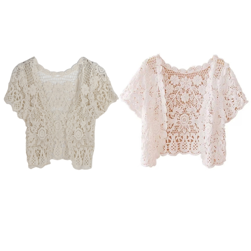 Women Short Sleeve Crochet Shrugs Hollow Out Flower Lace Open