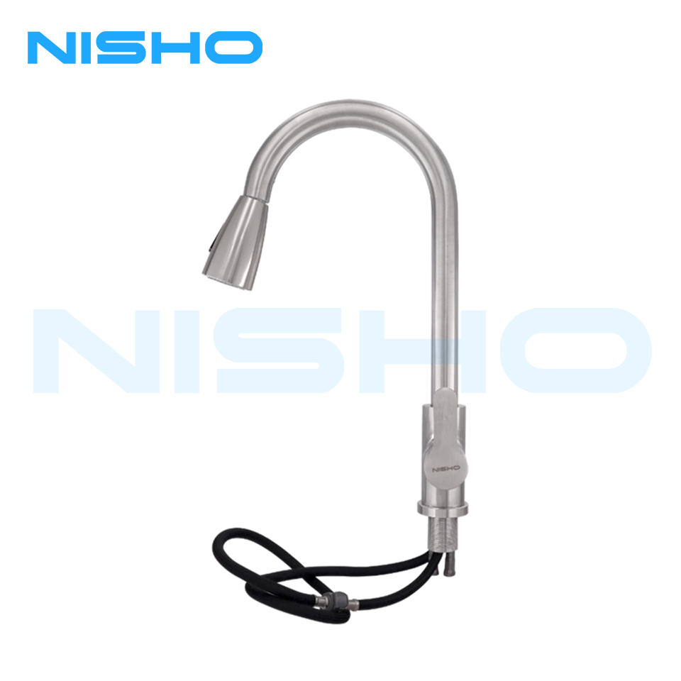 Nisho SUS304 Stainless Pull Down Hot and Cold Gooseneck Bar Sink Faucet with Free Flexible Hose