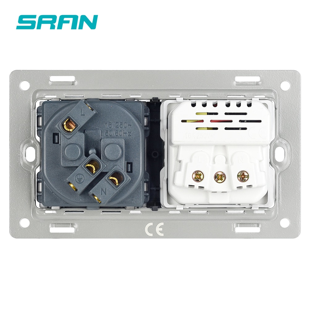 【Limited Time Only】 Sran Eu 2gang Power Socket 16a Electrical Plug Grounded Hide Led Indicator Double Socket With Usb 146*86mm Pc Panel Wall Socket