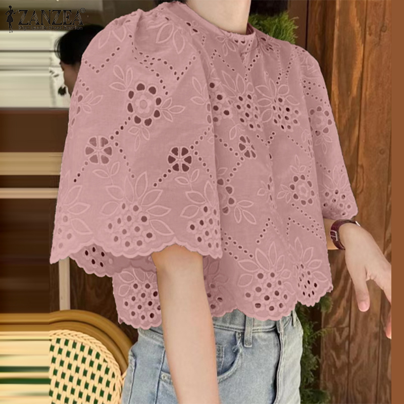 ZANZEA%20Korean%20Style%20Womens%20Vintage%20Casual%20Cotton%20Crop%20Tops%20Vacation%20Crew%20Neck%20Hollow%20Embroidery%20Blouses%20-%20Image%202