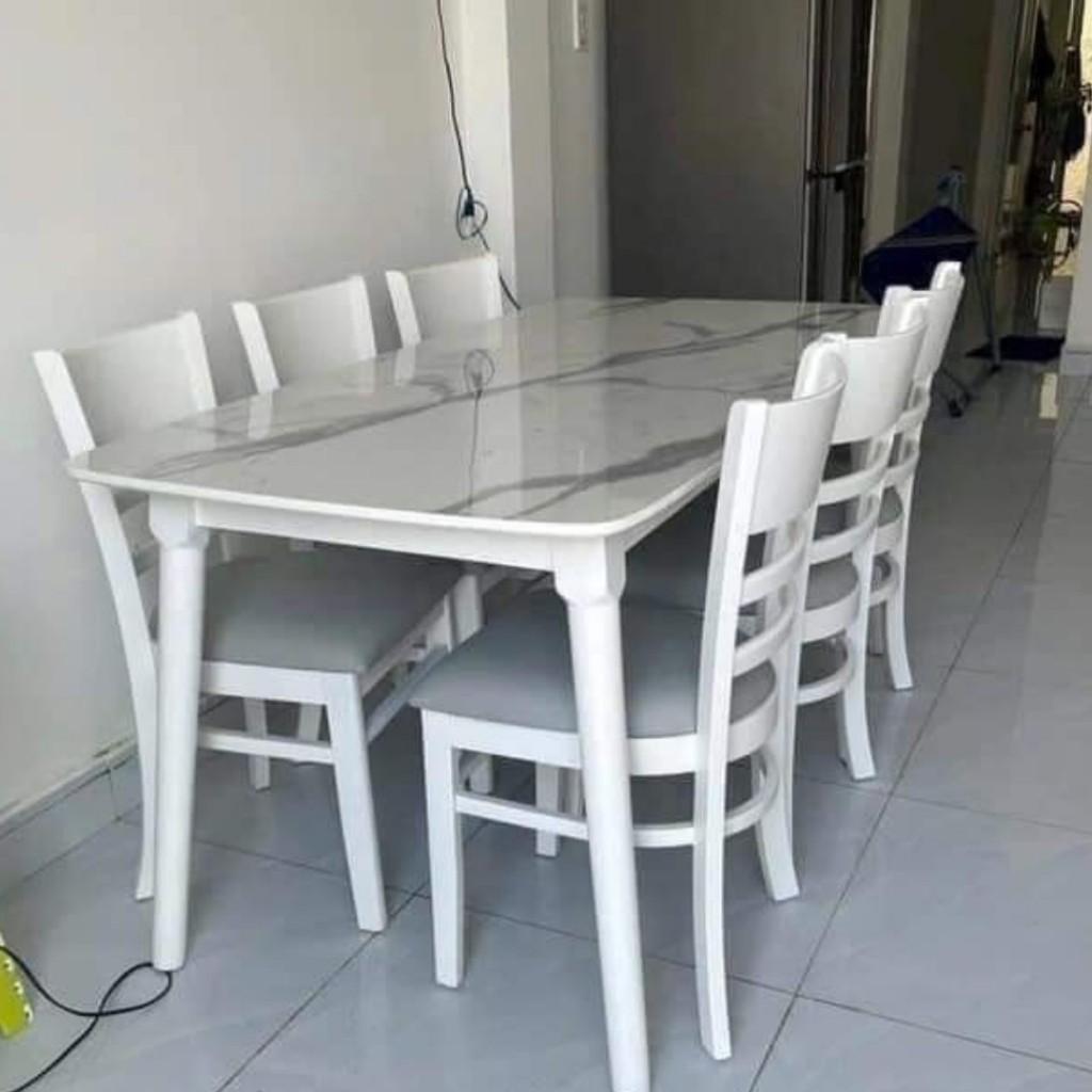  Bàn ăn cơm 6 ghế gỗ trắng bàn ăn giả đá - mặt bàn chữ nhật 1m60 x80cm kết hợp ghế cabin siêu chắc 