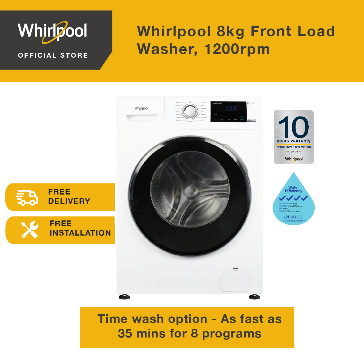 Whirlpool WFRB802AHW Time Wash 8kg Front Load Washer, 1200 rpm with 2