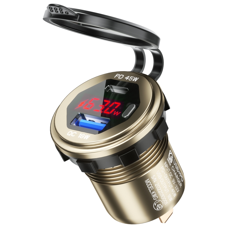 Metal 63W QC3.0 USB+Type C USB C PD Fast Car Charger with Voltage/Power Display
