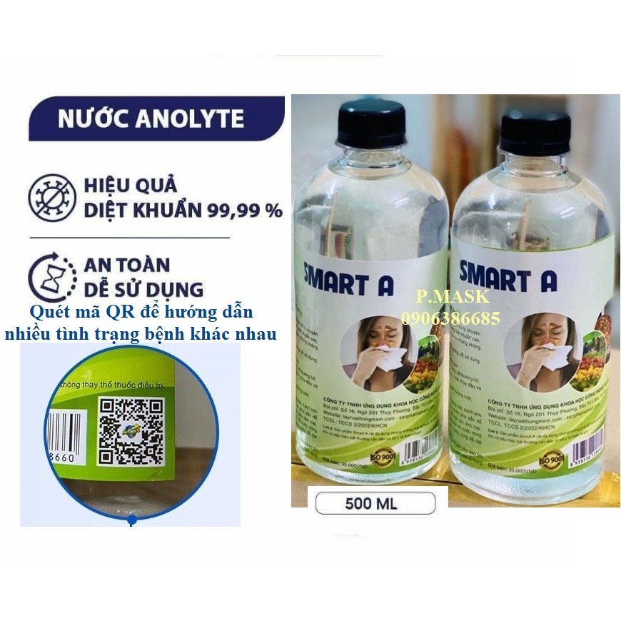 Dung dịch sát khuẩn Smart Anolyte chai 500ml khử khuẩn tay, vệ sinh mũi họng - Nước muối súc miệng Smart A