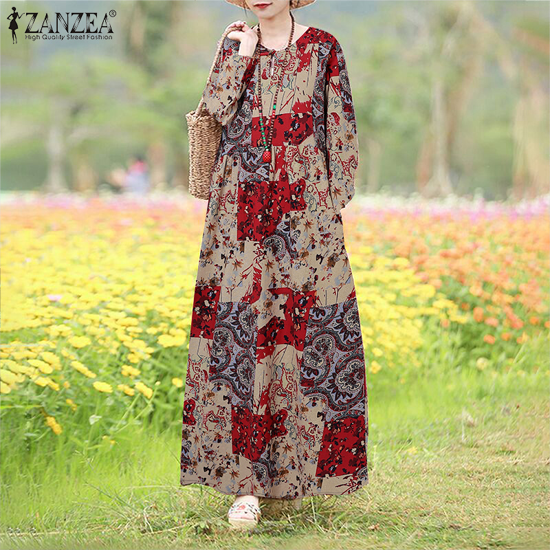 princess polly baby blue dress ZANZEA Womens Vacation Casual Cotton Linen Graphic Printed Dresses Retro  Round Neck Maxi A-Line Dress