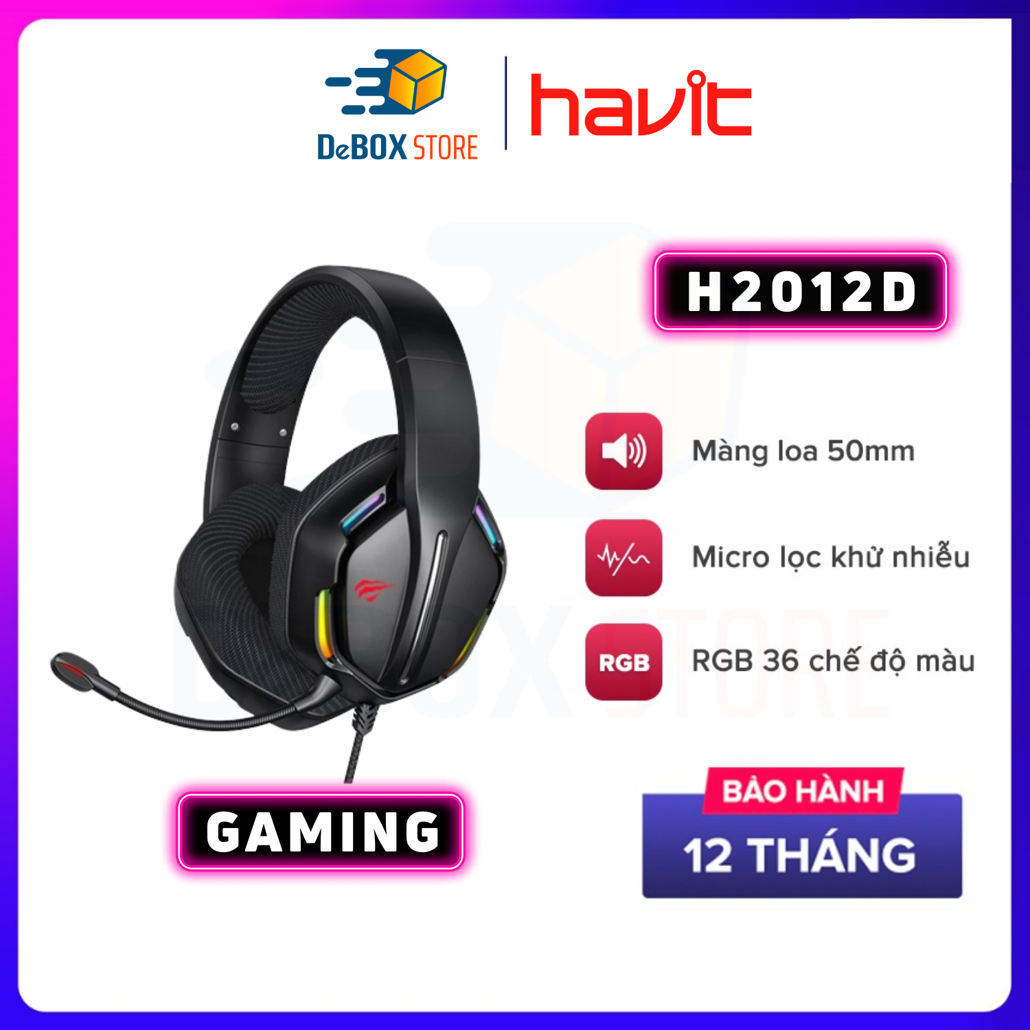 Tai Nghe Chơi Gaming Headphone HAVIT H2012D, Driver 50mm, Đèn RGB 36 Chế Độ Màu, Thiết kế oversize, Headband linh hoạt, Mic Khử Ồn - Chính Hãng Bảo Hành 12 Tháng thumbnail