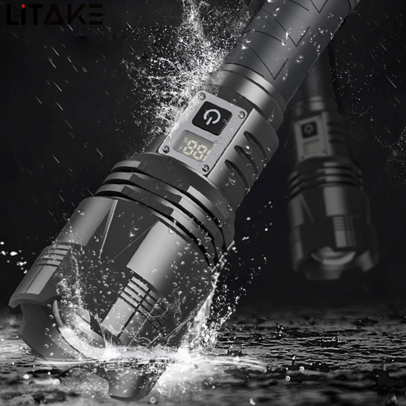 60W XHP360 Powerful Handheld Flashlights Digital Power Display IPX4 Waterproof Strong Light Long Range Outdoor Camping Flash Light Torch